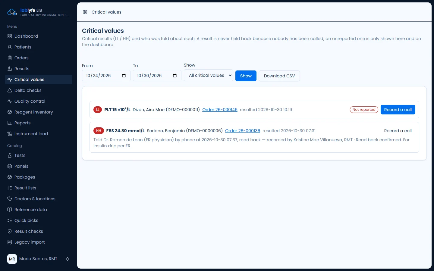 Critical-value call log — Lablyfe LIS screen