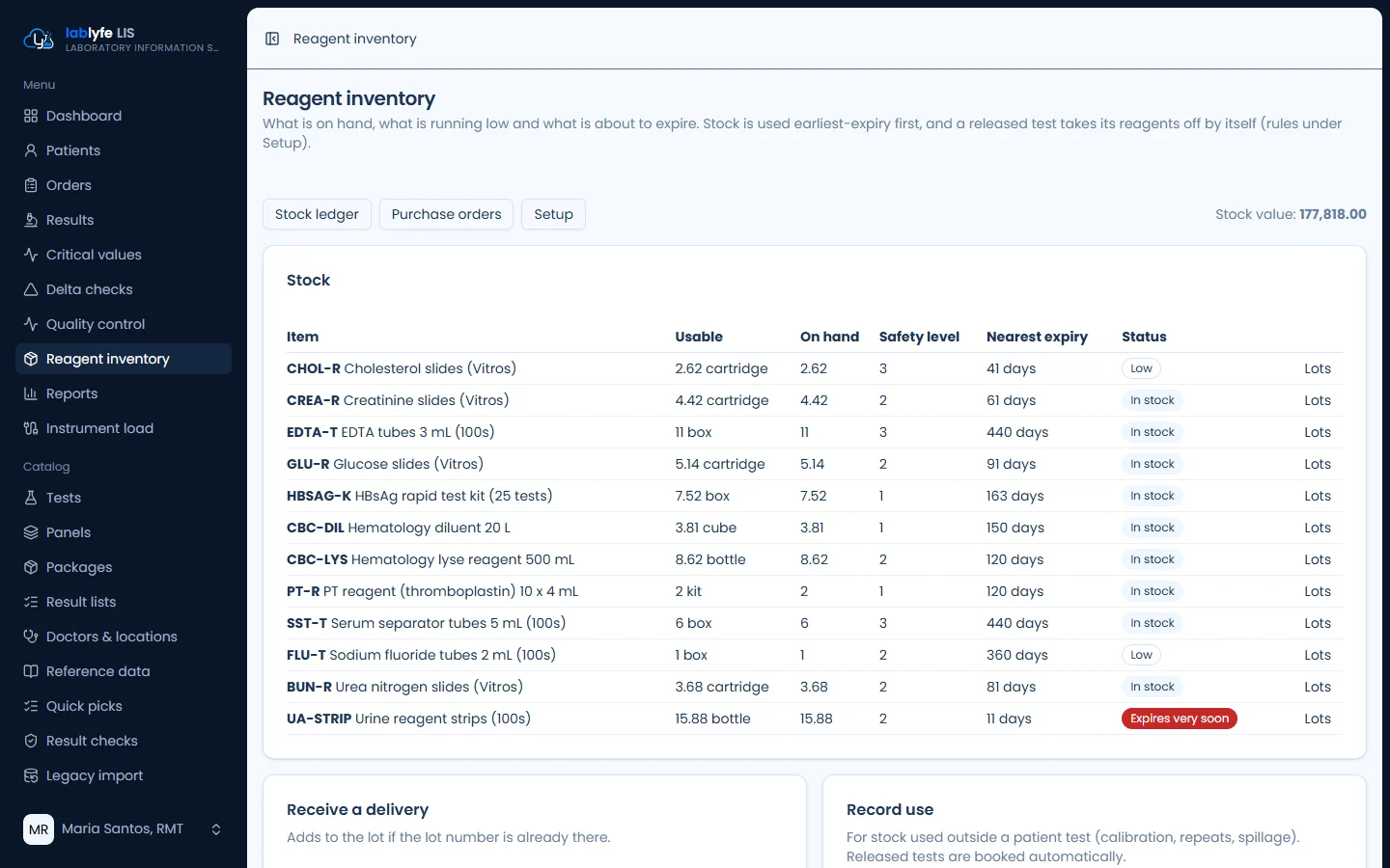 Reagent inventory — Lablyfe LIS screen