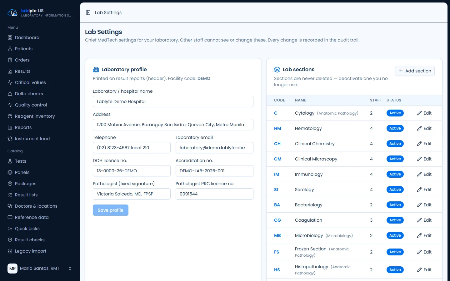 Lab settings — Lablyfe LIS screen