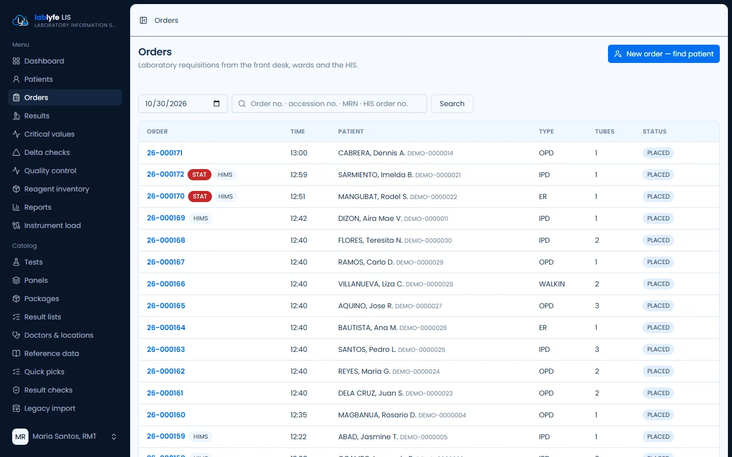 Orders — Lablyfe LIS screen