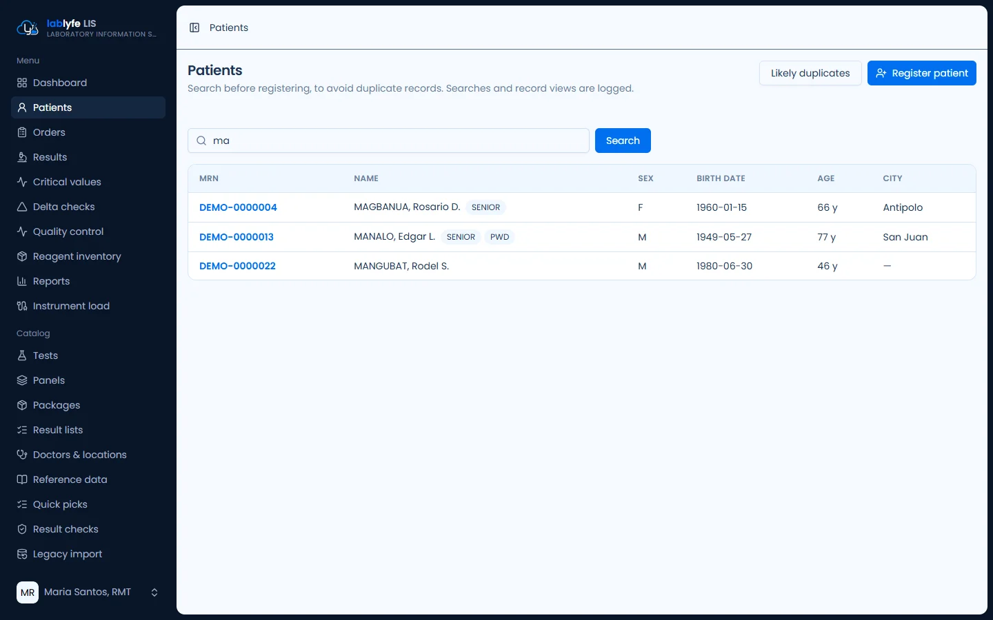 Patient search — Lablyfe LIS screen