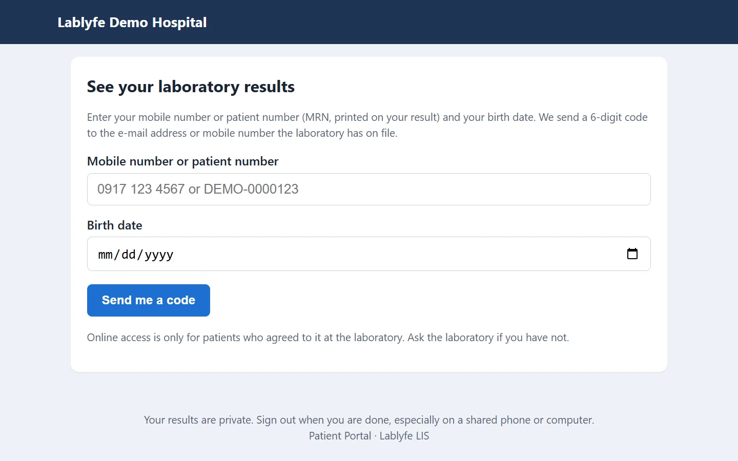 Sign in with a code — Lablyfe LIS screen