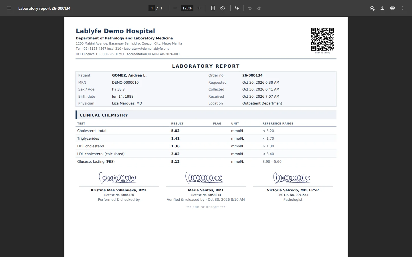 Signed laboratory report — Lablyfe LIS screen