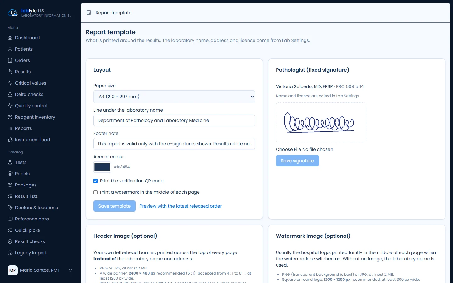 Report template — Lablyfe LIS screen