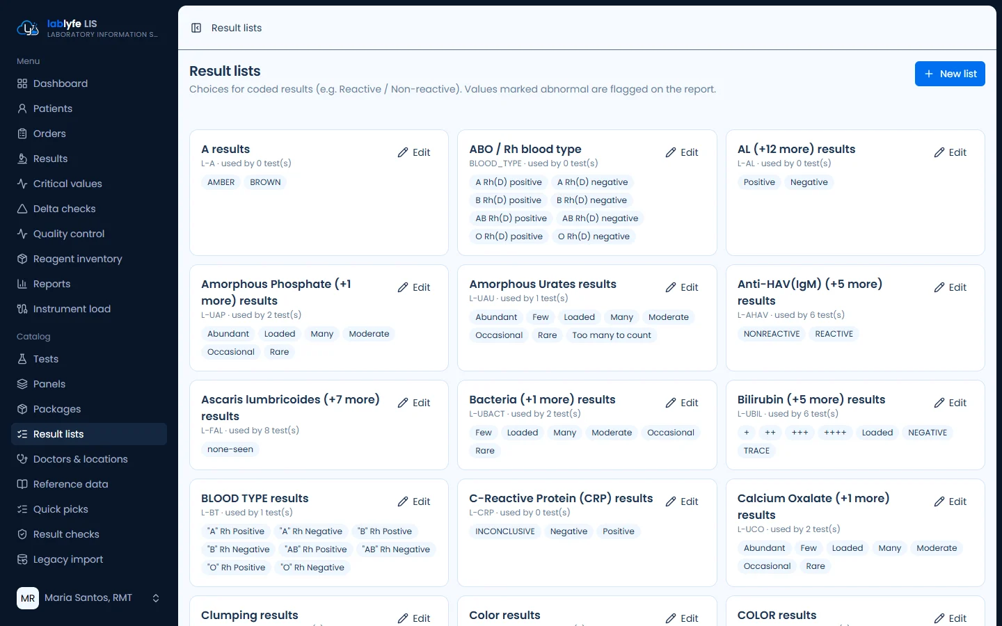 Result lists — Lablyfe LIS screen