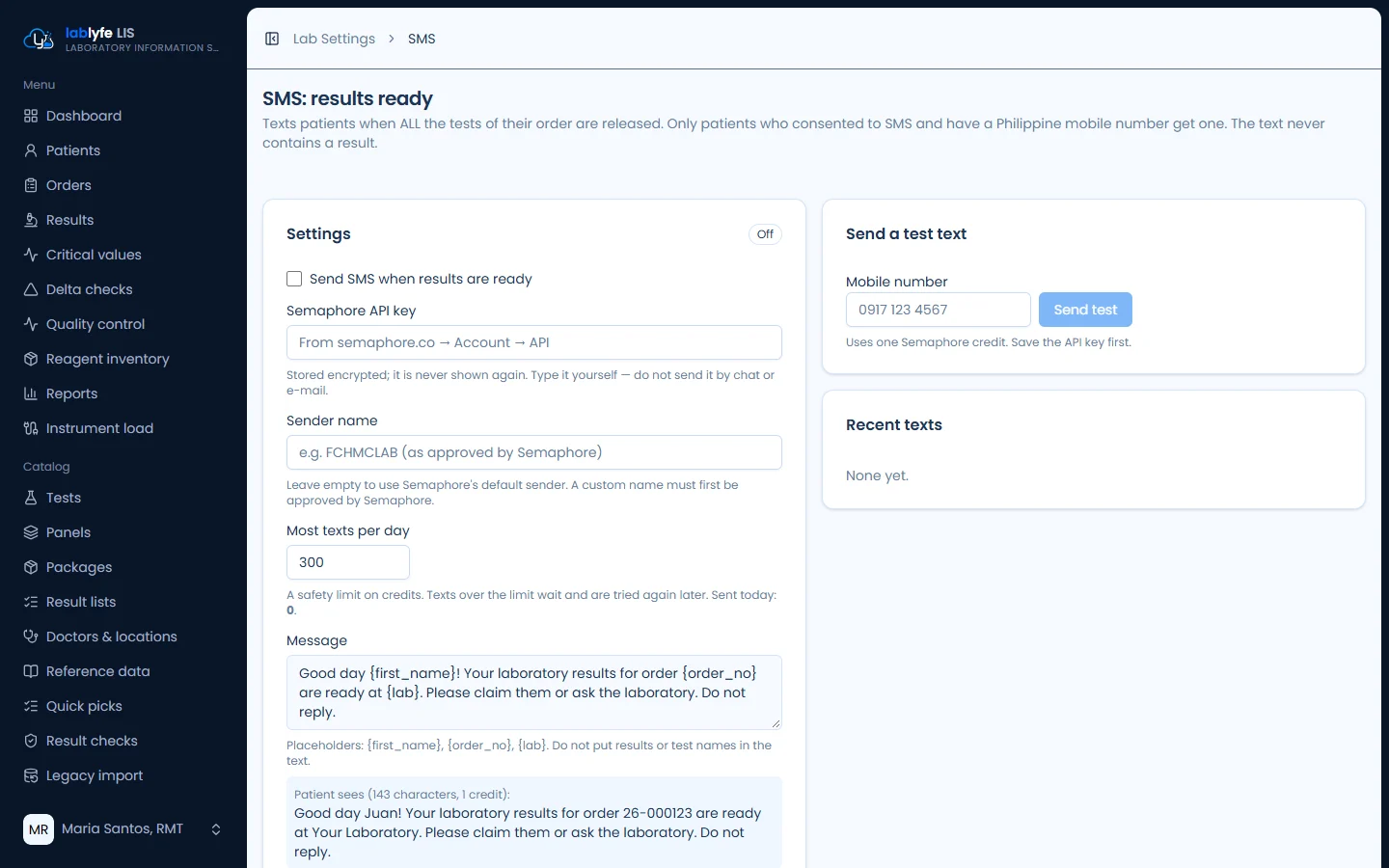 SMS: results ready — Lablyfe LIS screen