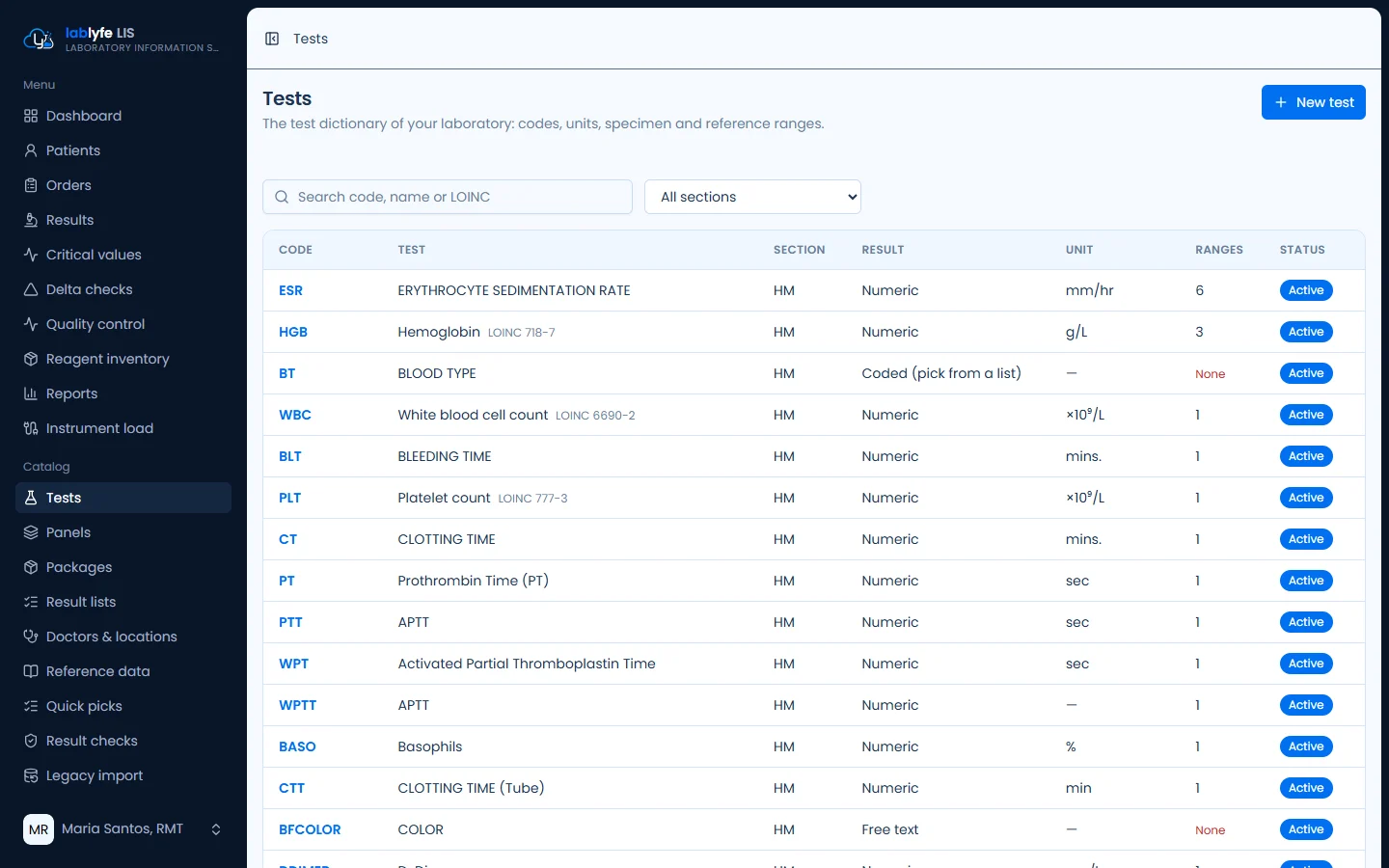 Test catalog — Lablyfe LIS screen
